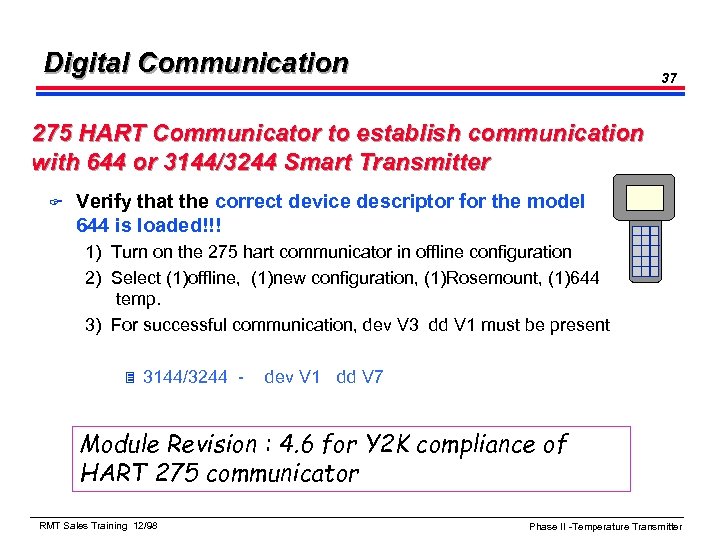 Digital Communication 37 275 HART Communicator to establish communication with 644 or 3144/3244 Smart