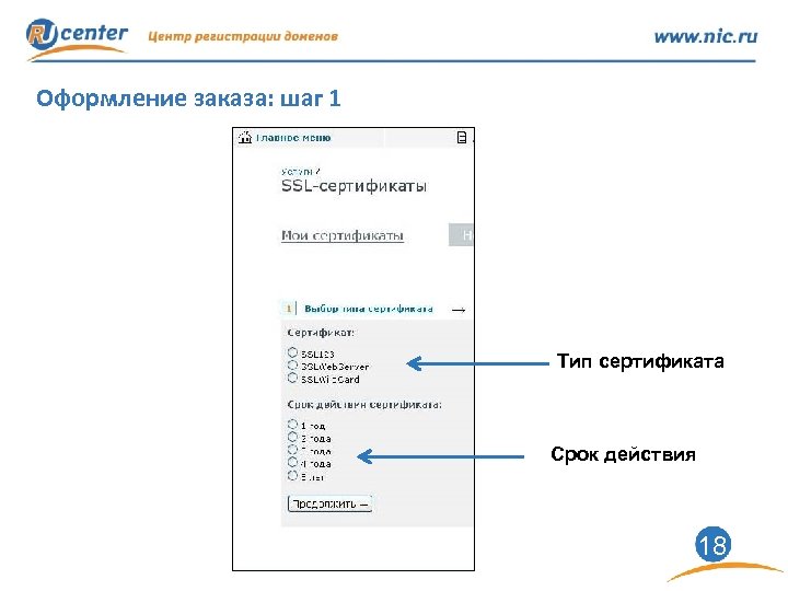 Оформление заказа: шаг 1 Тип сертификата Срок действия 18 