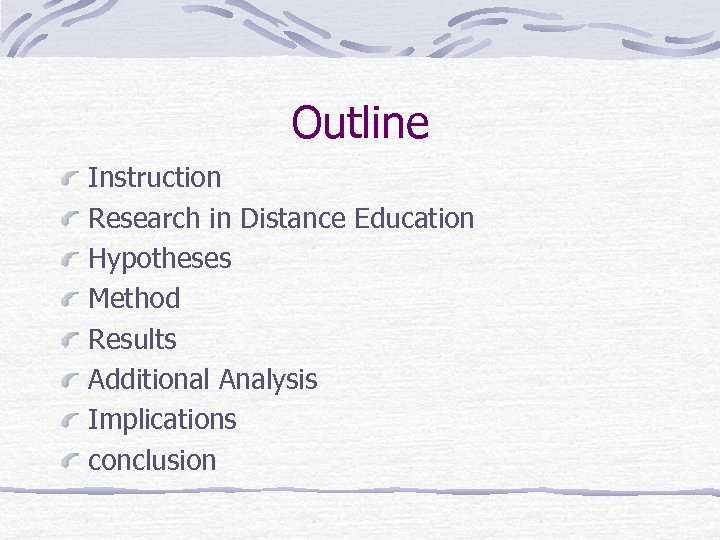 Outline Instruction Research in Distance Education Hypotheses Method Results Additional Analysis Implications conclusion 