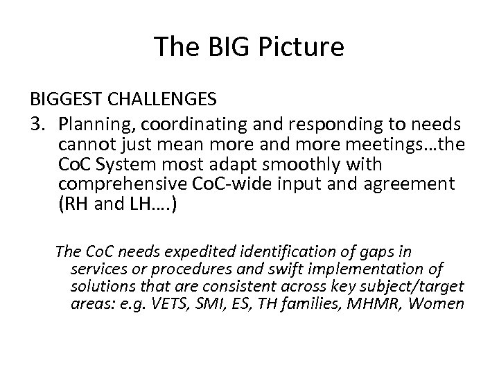 The BIG Picture BIGGEST CHALLENGES 3. Planning, coordinating and responding to needs cannot just