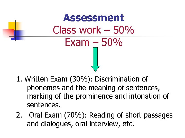 Assessment Class work – 50% Exam – 50% 1. Written Exam (30%): Discrimination of