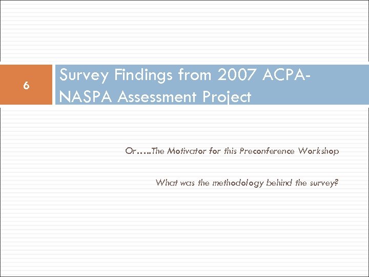 6 Survey Findings from 2007 ACPANASPA Assessment Project Or…. . The Motivator for this