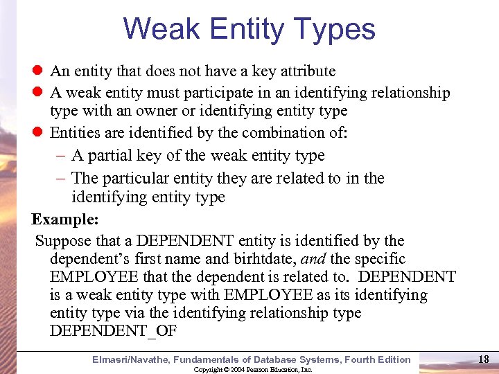 Weak Entity Types An entity that does not have a key attribute A weak