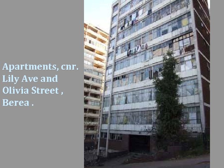 Apartments, cnr. Lily Ave and Olivia Street , Berea. 