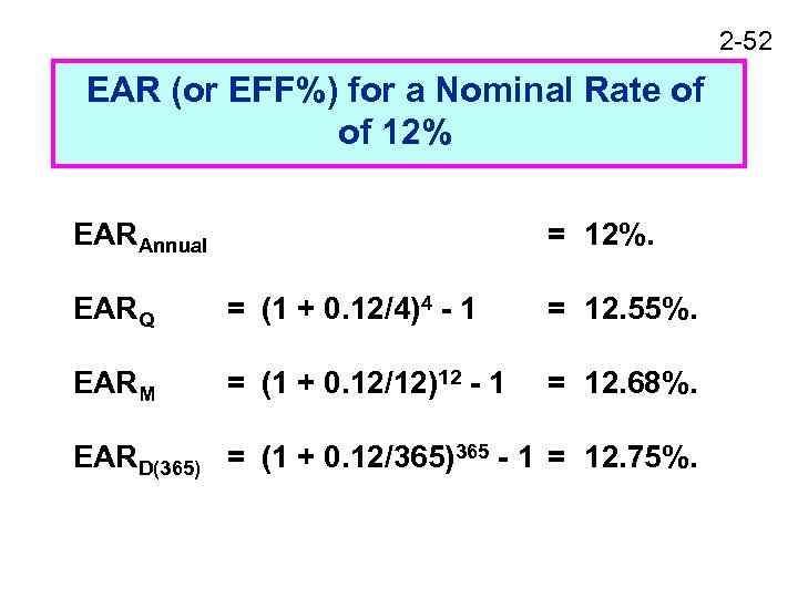 2 -52 EAR (or EFF%) for a Nominal Rate of of 12% EARAnnual =