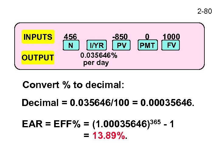 2 -80 INPUTS OUTPUT 456 N -850 I/YR PV 0. 035646% per day 0