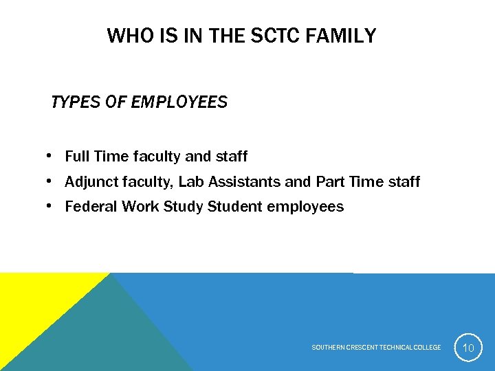 WHO IS IN THE SCTC FAMILY TYPES OF EMPLOYEES • Full Time faculty and