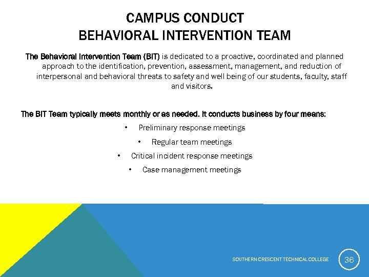 CAMPUS CONDUCT BEHAVIORAL INTERVENTION TEAM The Behavioral Intervention Team (BIT) is dedicated to a