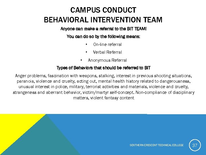 CAMPUS CONDUCT BEHAVIORAL INTERVENTION TEAM Anyone can make a referral to the BIT TEAM!