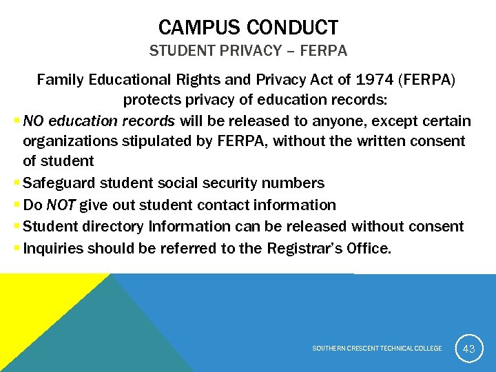 CAMPUS CONDUCT STUDENT PRIVACY – FERPA Family Educational Rights and Privacy Act of 1974