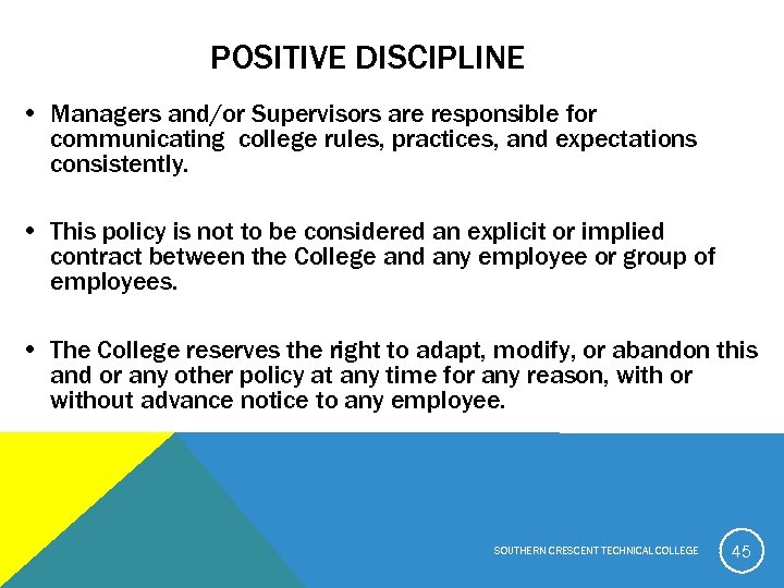 POSITIVE DISCIPLINE • Managers and/or Supervisors are responsible for communicating college rules, practices, and