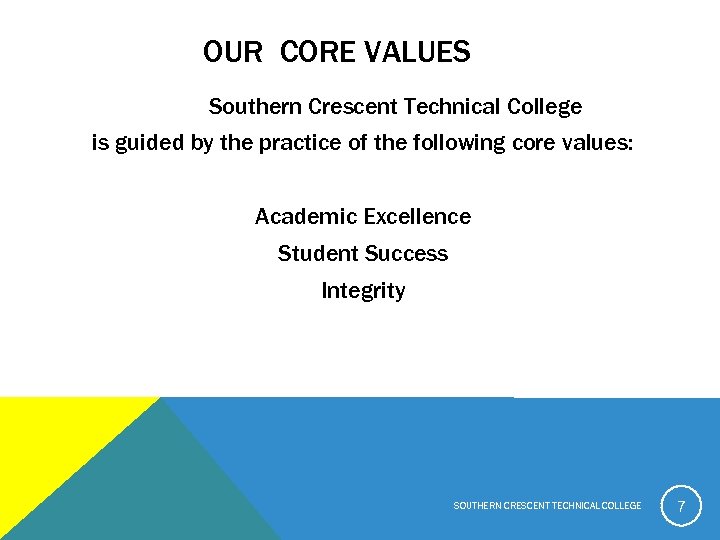 OUR CORE VALUES Southern Crescent Technical College is guided by the practice of the