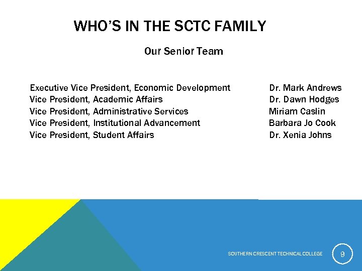 WHO’S IN THE SCTC FAMILY Our Senior Team Executive Vice President, Economic Development Vice