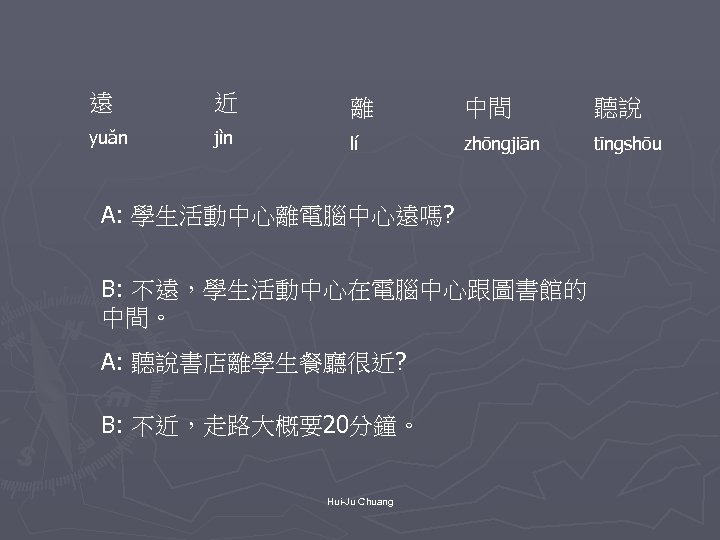 遠 近 離 中間 聽說 yuǎn jìn lí zhōngjiān tīngshōu A: 學生活動中心離電腦中心遠嗎? B: 不遠，學生活動中心在電腦中心跟圖書館的
