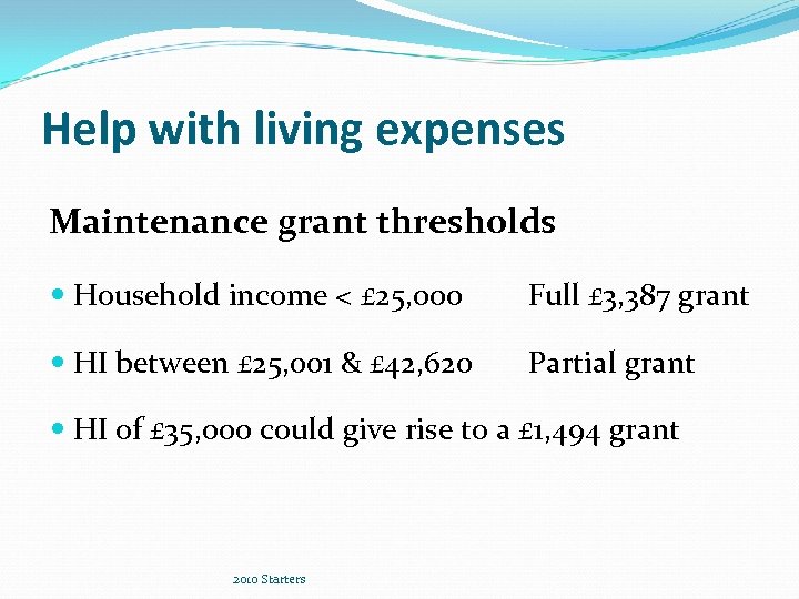 Help with living expenses Maintenance grant thresholds Household income < £ 25, 000 Full