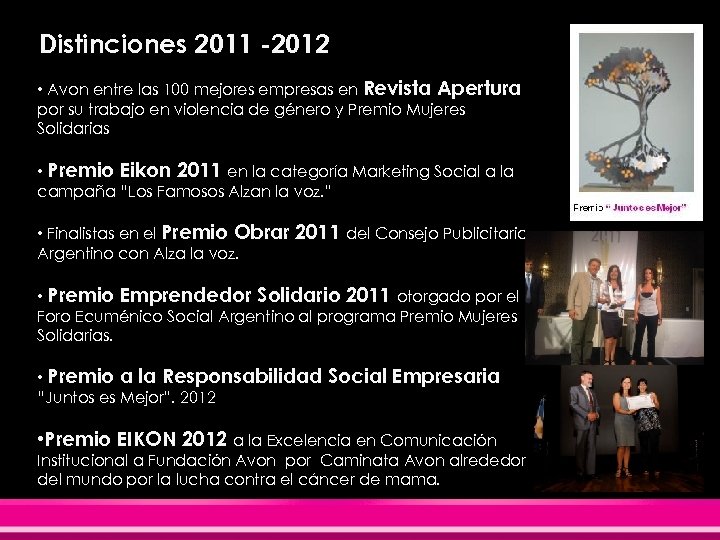 Distinciones 2011 -2012 • Avon entre las 100 mejores empresas en Revista Apertura por