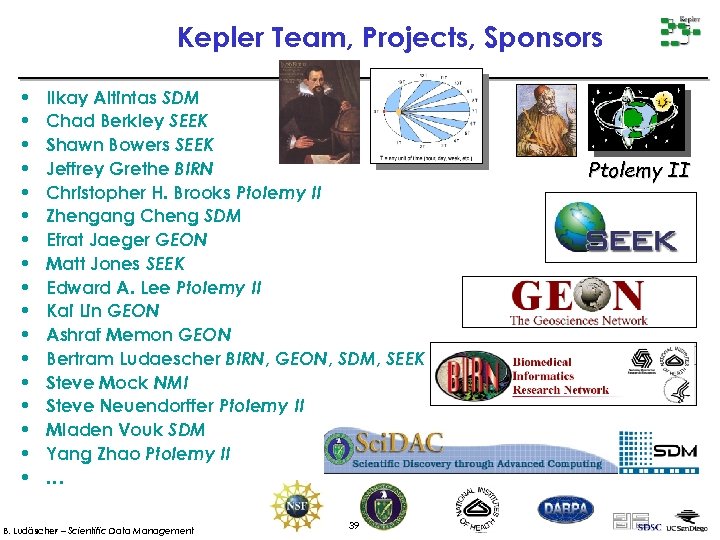 Kepler Team, Projects, Sponsors • Ilkay Altintas SDM • Chad Berkley SEEK • Shawn