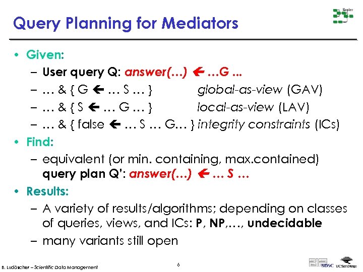 Query Planning for Mediators • Given: – User query Q: answer(…) …G. . .