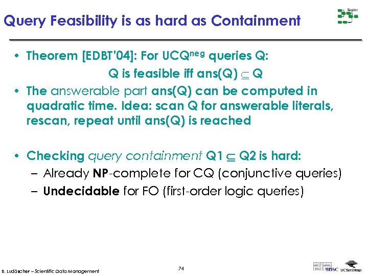 Query Feasibility is as hard as Containment • Theorem [EDBT’ 04]: For UCQneg queries