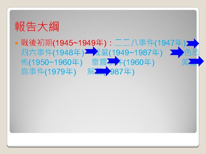 報告大綱 戰後初期(1945~1949年)：二二八事件(1947年) 四六事件(1948年) 戒嚴(1949~1987年) 白色恐 怖(1950~1960年) 雷震事件(1960年) 美麗 島事件(1979年) 解嚴(1987年) 