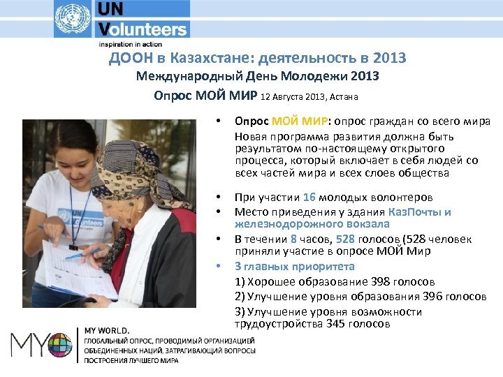 ДООН в Казахстане: деятельность в 2013 Международный День Молодежи 2013 Опрос МОЙ МИР 12