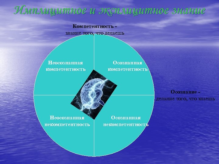 Имплицитное и эксплицитное знание Компетентность - знание того, что делаешь Неосознанная компетентность Осознание -