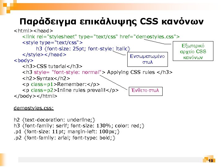 Παράδειγμα επικάλυψης CSS κανόνων <html><head> <link rel="stylesheet" type="text/css" href="demostyles. css"> <style type="text/css"> Εξωτερικό h