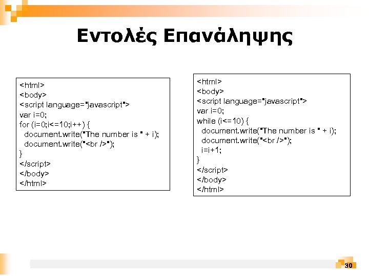 Εντολές Επανάληψης <html> <body> <script language="javascript"> var i=0; for (i=0; i<=10; i++) { document.