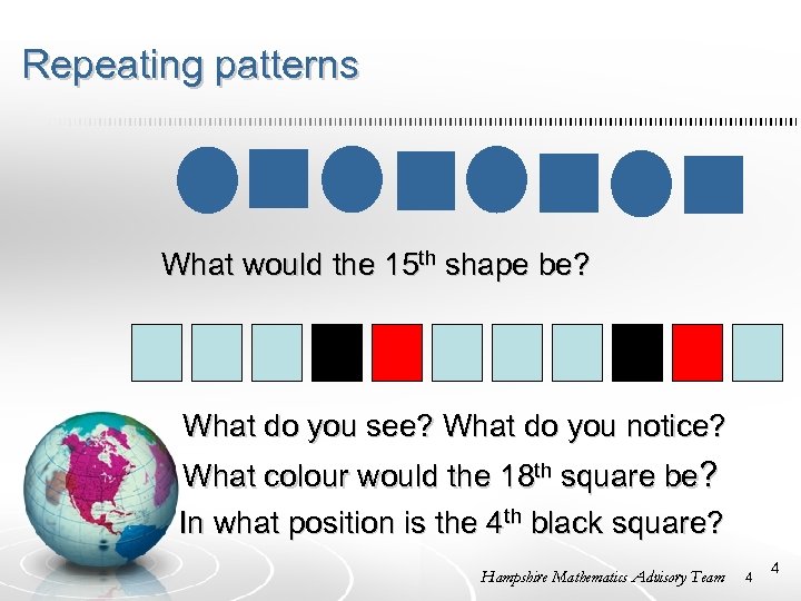 Repeating patterns What would the 15 th shape be? What do you see? What