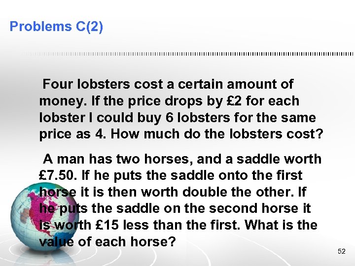 Problems C(2) Four lobsters cost a certain amount of money. If the price drops