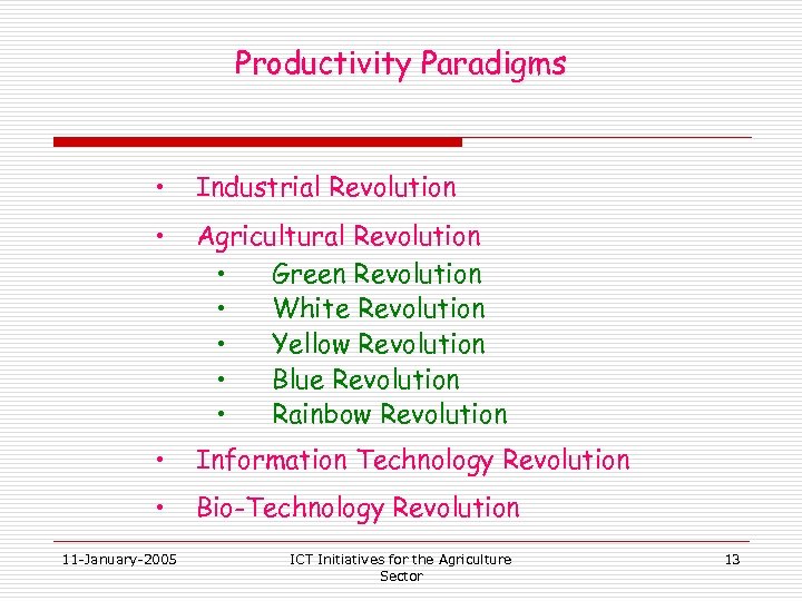 Productivity Paradigms • Industrial Revolution • Agricultural Revolution • Green Revolution • White Revolution