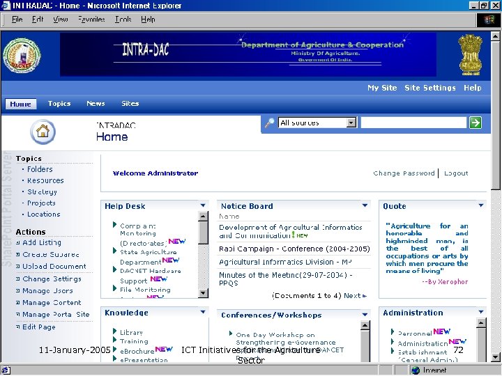 11 -January-2005 ICT Initiatives for the Agriculture Sector 72 