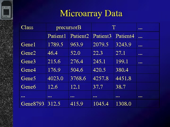 Microarray Data Class precursor. B T . . . Gene 1 Gene 2 Patient