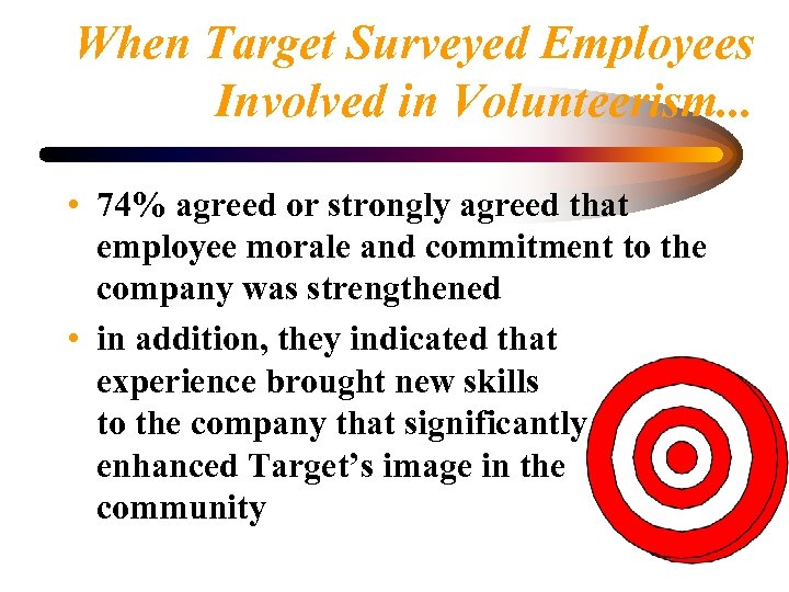 When Target Surveyed Employees Involved in Volunteerism. . . • 74% agreed or strongly