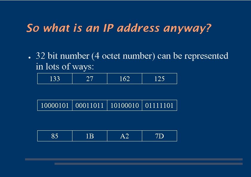 So what is an IP address anyway? ● 32 bit number (4 octet number)
