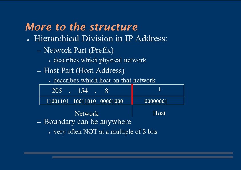 More to the structure ● Hierarchical Division in IP Address: – Network Part (Prefix)
