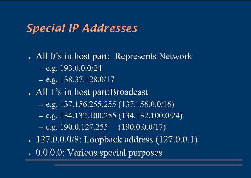 Special IP Addresses ● All 0’s in host part: Represents Network – – ●