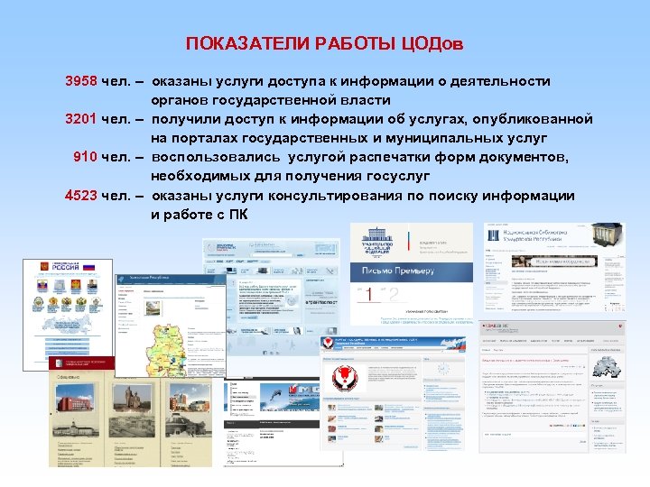 ПОКАЗАТЕЛИ РАБОТЫ ЦОДов 3958 чел. – оказаны услуги доступа к информации о деятельности органов