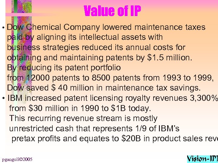 Value of IP • Dow Chemical Company lowered maintenance taxes paid by aligning its