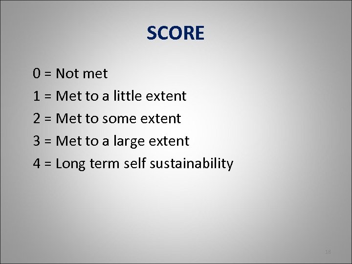 SCORE 0 = Not met 1 = Met to a little extent 2 =