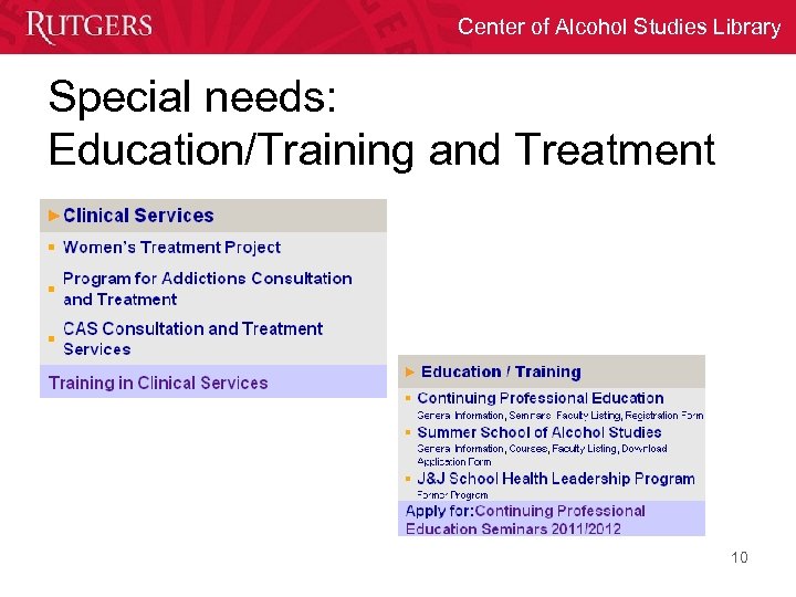 Center of Alcohol Studies Library Special needs: Education/Training and Treatment 10 