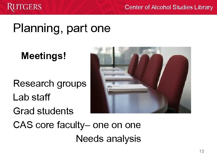 Center of Alcohol Studies Library Planning, part one Meetings! Research groups Lab staff Grad