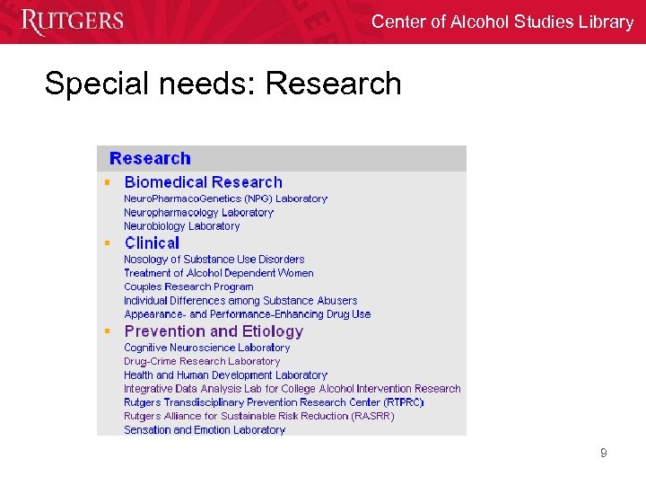 Center of Alcohol Studies Library Special needs: Research 9 