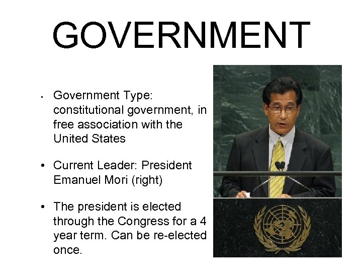 GOVERNMENT • Government Type: constitutional government, in free association with the United States •