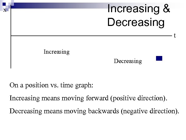 Increasing & Decreasing x t Increasing Decreasing On a position vs. time graph: Increasing