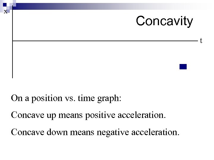 x Concavity t On a position vs. time graph: Concave up means positive acceleration.