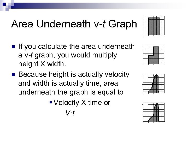 Area Underneath v-t Graph n n If you calculate the area underneath a v-t