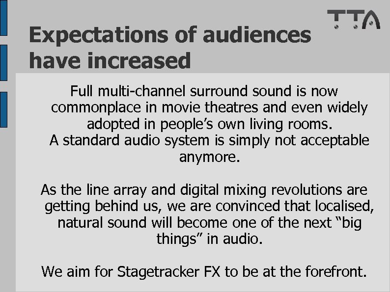 Expectations of audiences have increased Full multi-channel surround sound is now commonplace in movie