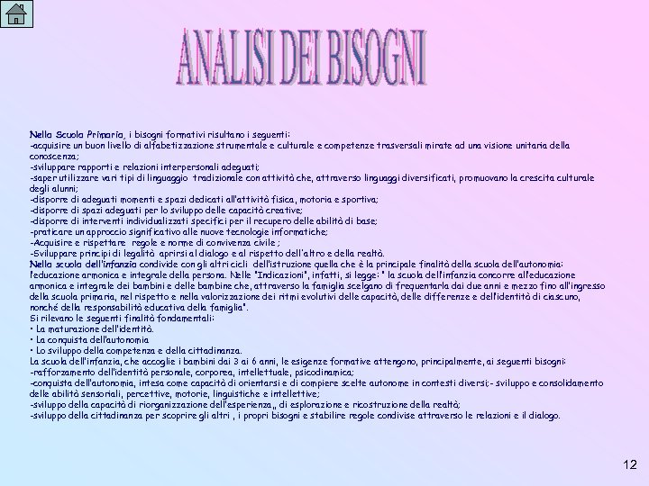 Nella Scuola Primaria, i bisogni formativi risultano i seguenti: -acquisire un buon livello di