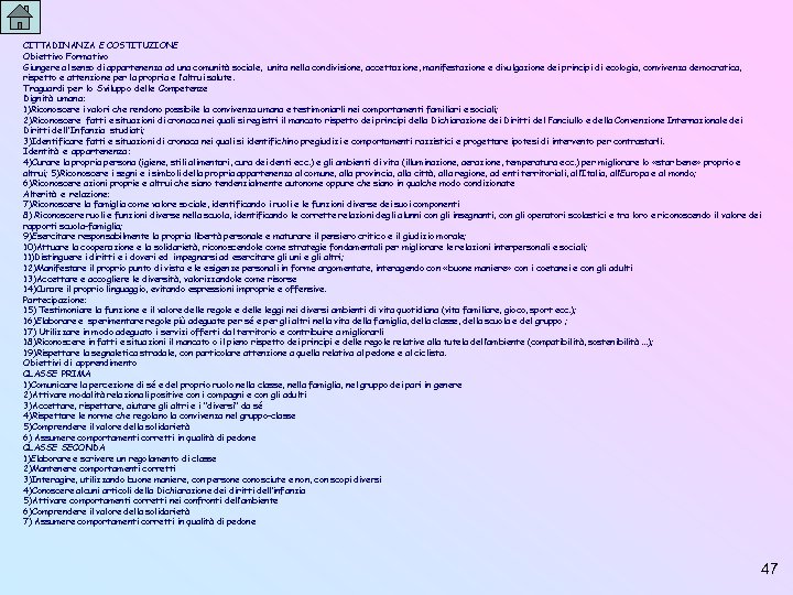 CITTADINANZA E COSTITUZIONE Obiettivo Formativo Giungere al senso di appartenenza ad una comunità sociale,